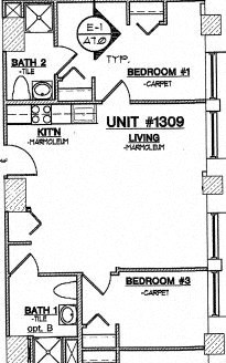 Floor plan for 2 beds, 2 baths